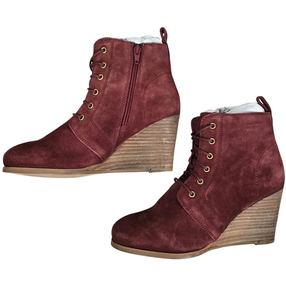 Diba Blake Suede Bootie Burgundy Lace Up Wedge Ankle Boots Women Size 8.5‎